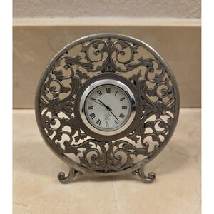 Lenox Miniature Quartz Clock In Kirk Stieff Pewter 3.75"‎ Round W/Floral Design